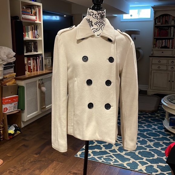 Tommy Hilfiger cream colored pea coat with black buttons. - Picture 1 of 8